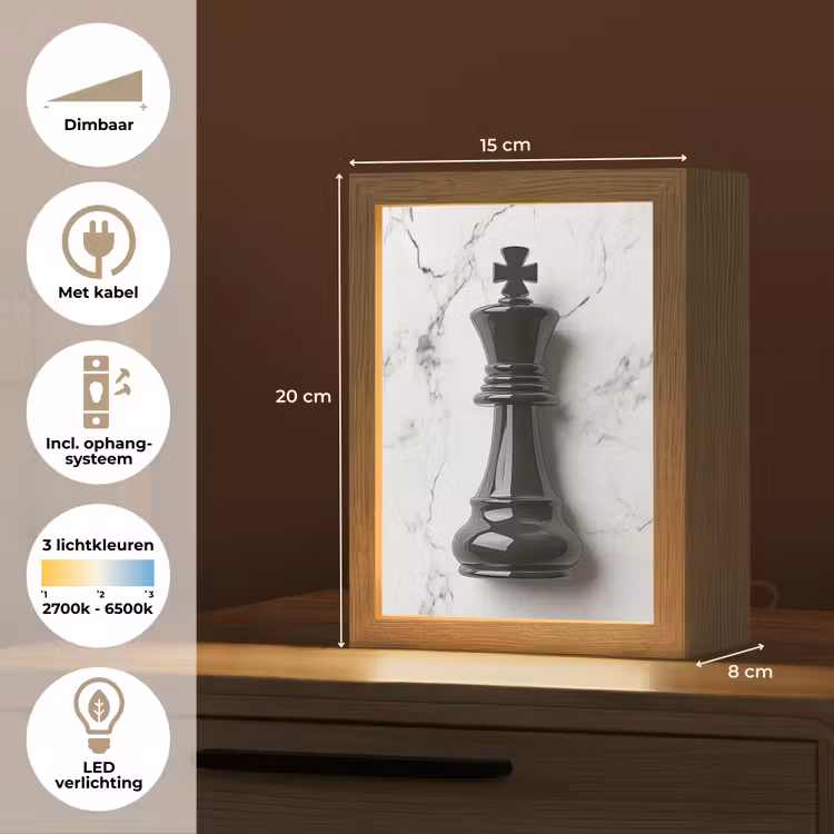 Schaakstuk - Koning - Zwart - Marmer Light Box met kabel (Tafellamp) klein -USP_NL
