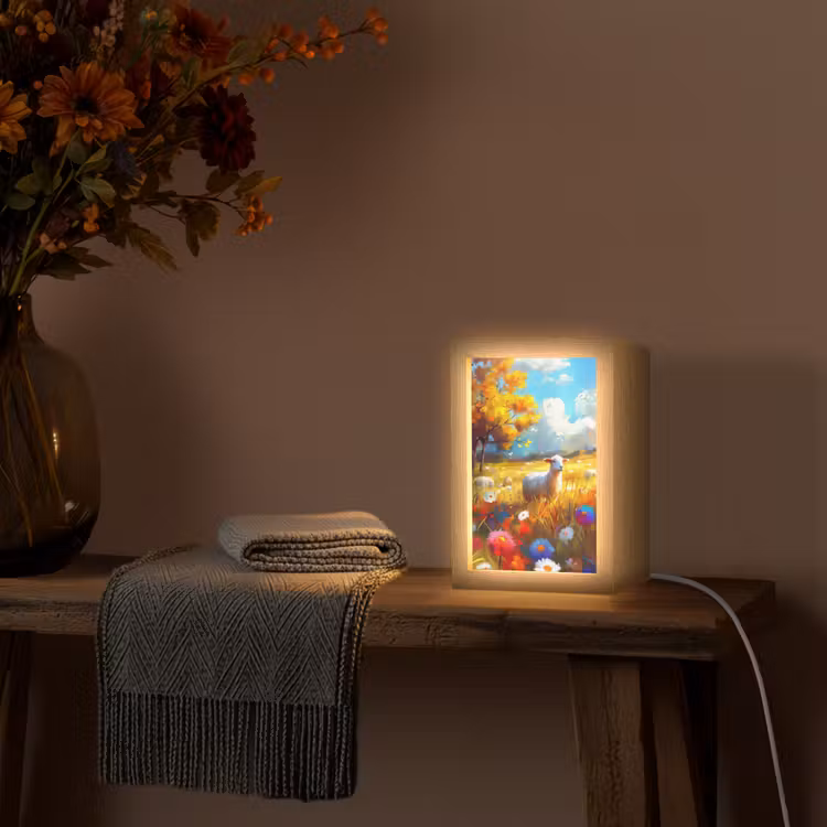 Schaap - Weide - Bloemen Light Box met kabel (Tafellamp) klein -sfeer4