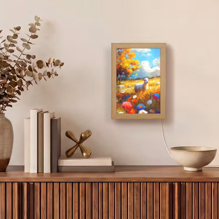 Schaap - Weide - Bloemen Light Box met kabel (Tafellamp) klein -sfeer2