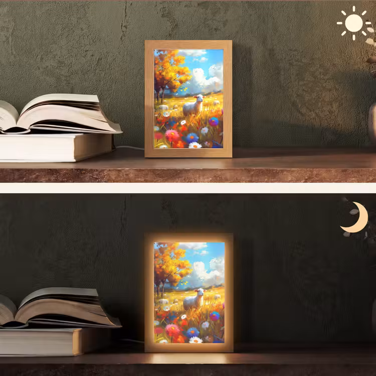 Schaap - Weide - Bloemen Light Box met kabel (Tafellamp) klein -sfeer3