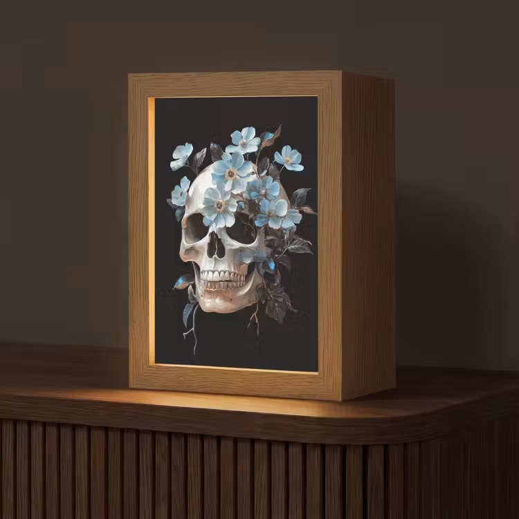 Schedel - Blauw - Bloemen - Bladeren Light Box met kabel (Tafellamp) klein -z3d_website