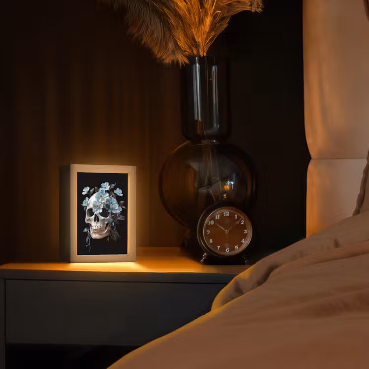 Schedel - Blauw - Bloemen - Bladeren Light Box met kabel (Tafellamp) klein -sfeer1