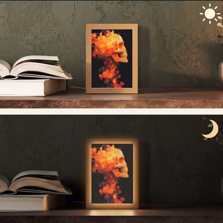 Schedel - Oranje - Zijaanzicht - Vlammen Light Box met kabel (Tafellamp) klein -sfeer3