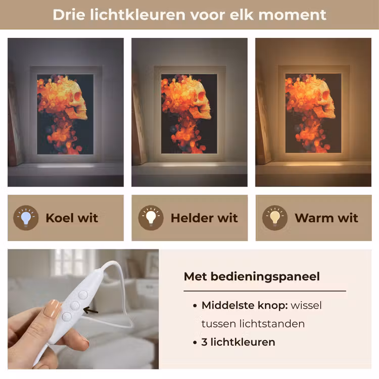 Schedel - Oranje - Zijaanzicht - Vlammen Light Box met kabel (Tafellamp) klein -USP_lichtkleurNL