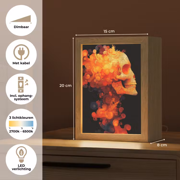 Schedel - Oranje - Zijaanzicht - Vlammen Light Box met kabel (Tafellamp) klein -USP_NL