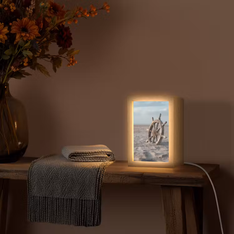 Scheepsstuur - Hout - Bruin - Zand Light Box met kabel (Tafellamp) klein -sfeer4