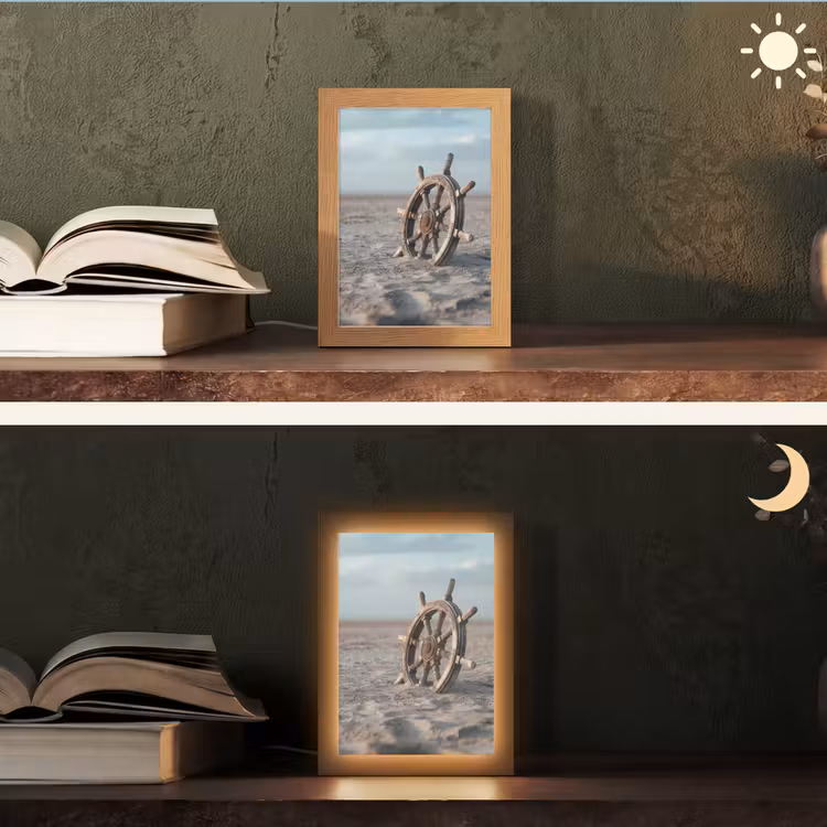 Scheepsstuur - Hout - Bruin - Zand Light Box met kabel (Tafellamp) klein -sfeer3