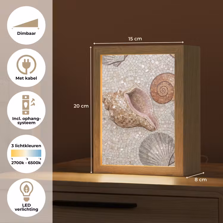 Schelp - Mozaïek - Zee - Beige - Modern Light Box met kabel (Tafellamp) klein -USP_NL
