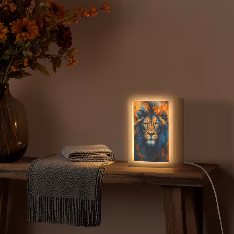 Schilderij - Leeuwenkop - Oranje Light Box met kabel (Tafellamp) klein -sfeer4