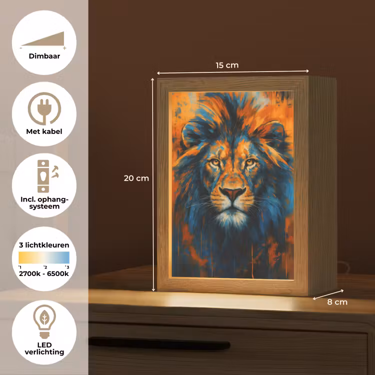 Schilderij - Leeuwenkop - Oranje Light Box met kabel (Tafellamp) klein -USP_NL