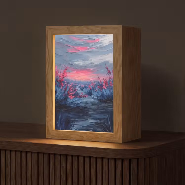 Schilderij - Zonsondergang - Bloemen - Rivier Light Box met kabel (Tafellamp) klein -z3d_website