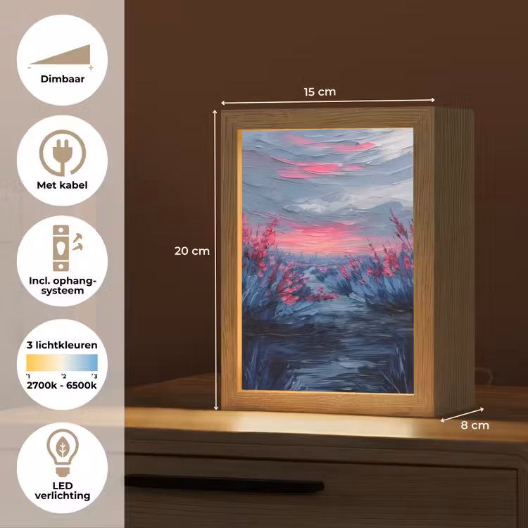 Schilderij - Zonsondergang - Bloemen - Rivier Light Box met kabel (Tafellamp) klein -USP_NL