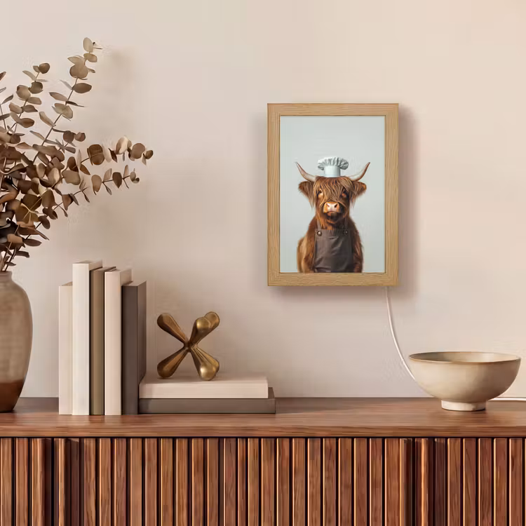 Schotse Hooglander - Bruin - Hoorns - Kokskleding Light Box met kabel (Tafellamp) klein -sfeer2