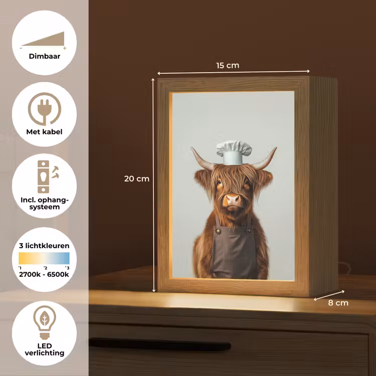 Schotse Hooglander - Bruin - Hoorns - Kokskleding Light Box met kabel (Tafellamp) klein -USP_NL