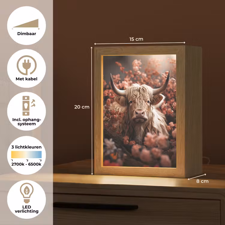 Schotse hooglander - Dier - Natuur - Bloemen - Botanisch Light Box met kabel (Tafellamp) klein -USP_NL