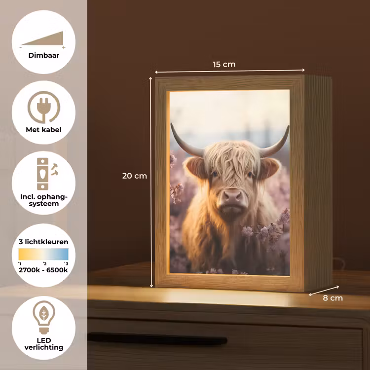 Schotse hooglander - Dieren portret - Bloemen - Dier Light Box met kabel (Tafellamp) klein -USP_NL
