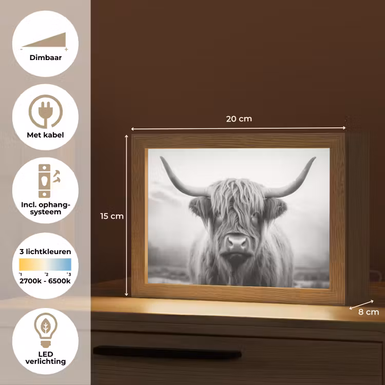 Schotse hooglander - Dieren portret - Zwart - Wit - Dier Light Box met kabel (Tafellamp) klein -USP_NL