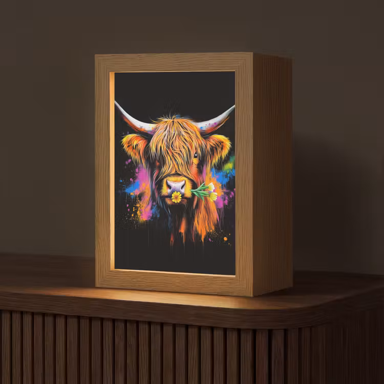 Schotse Hooglander - Graffiti - Kleurrijk - Bloem - Dieren Light Box met kabel (Tafellamp) klein -z3d_website
