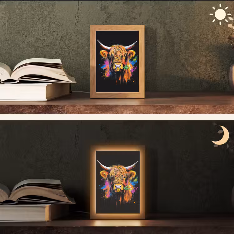 Schotse Hooglander - Graffiti - Kleurrijk - Bloem - Dieren Light Box met kabel (Tafellamp) klein -sfeer3