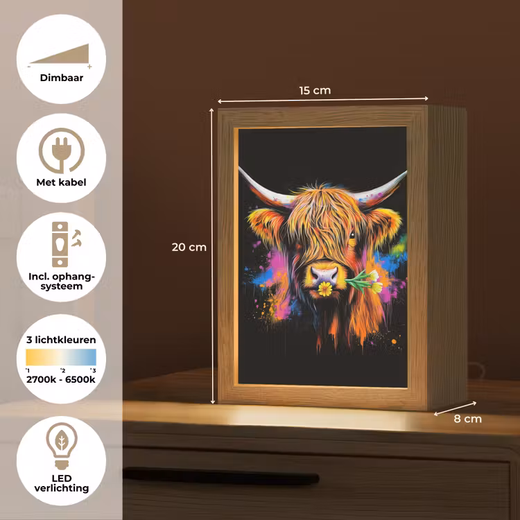 Schotse Hooglander - Graffiti - Kleurrijk - Bloem - Dieren Light Box met kabel (Tafellamp) klein -USP_NL