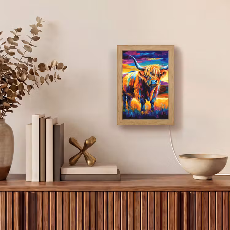 Schotse hooglander - Kunst - Koe - Dieren - Landschap Light Box met kabel (Tafellamp) klein -sfeer2
