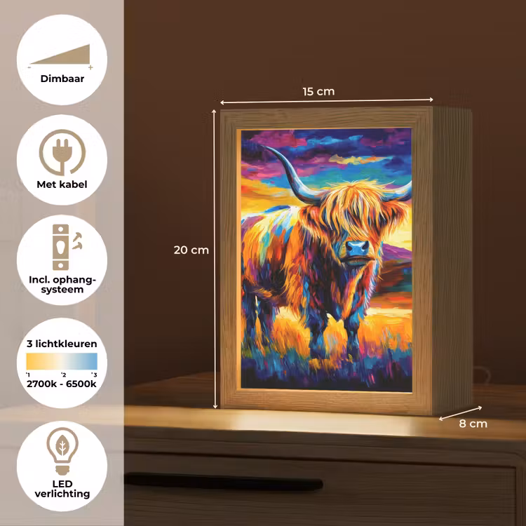 Schotse hooglander - Kunst - Koe - Dieren - Landschap Light Box met kabel (Tafellamp) klein -USP_NL