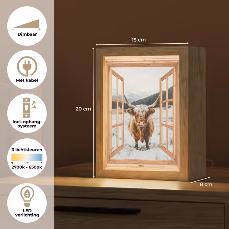 Schotse Hooglander - Landschap - Landelijk - Bergen - Winter - Doorkijk Light Box met kabel (Tafellamp) klein -USP_NL