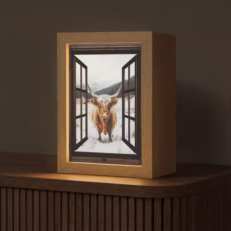 Schotse Hooglander - Landschap - Landelijk - Bergen - Winter - Doorkijk - Donker Light Box met kabel (Tafellamp) klein -z3d_website
