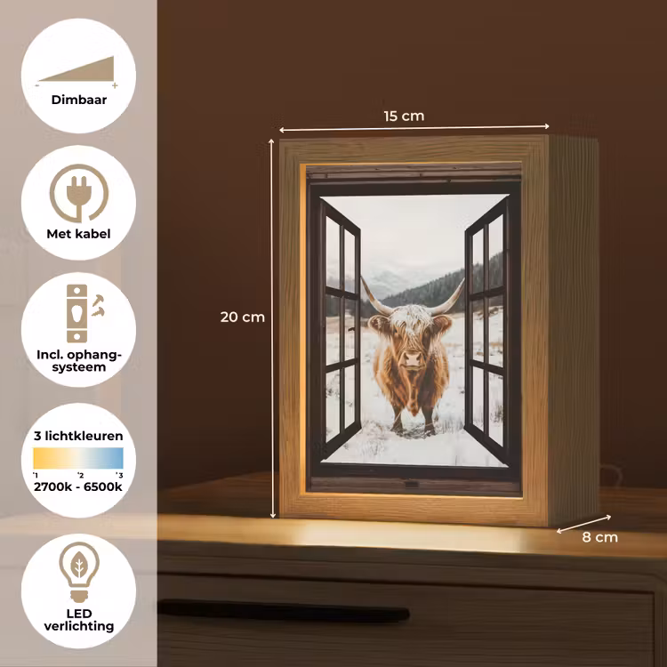 Schotse Hooglander - Landschap - Landelijk - Bergen - Winter - Doorkijk - Donker Light Box met kabel (Tafellamp) klein -USP_NL