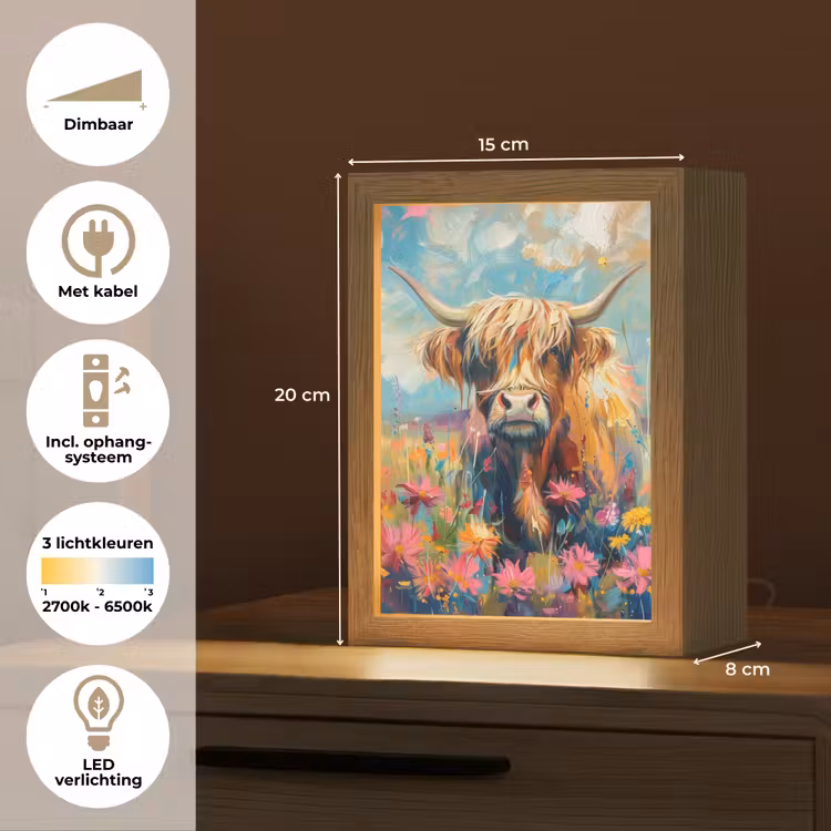 Schotse hooglander - Natuur - Kleurrijk - Bloemen Light Box met kabel (Tafellamp) klein -USP_NL