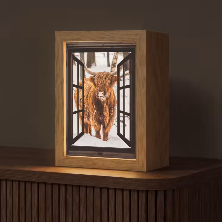 Schotse Hooglander - Sneeuw - Natuur - Dieren - Doorkijk - Winter Light Box met kabel (Tafellamp) klein -z3d_website