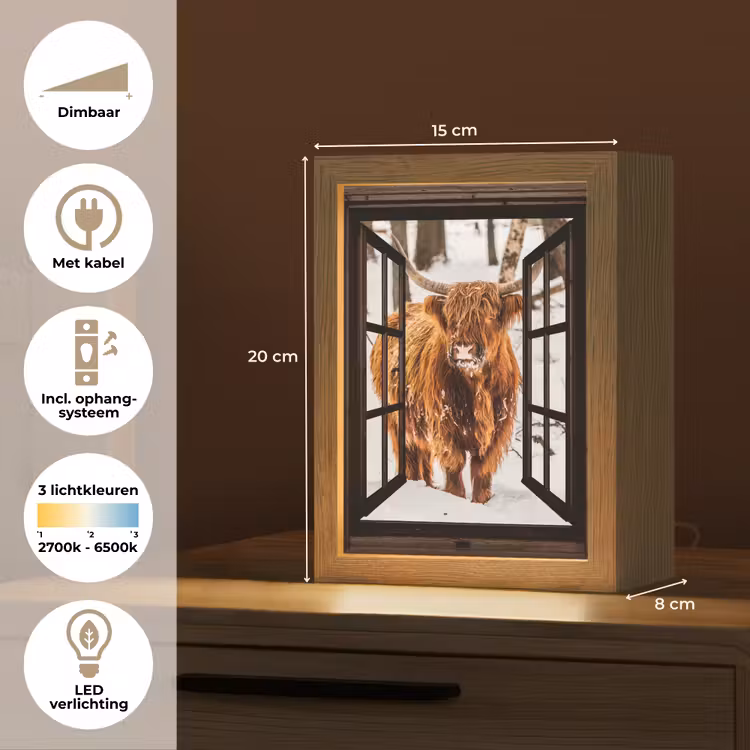 Schotse Hooglander - Sneeuw - Natuur - Dieren - Doorkijk - Winter Light Box met kabel (Tafellamp) klein -USP_NL