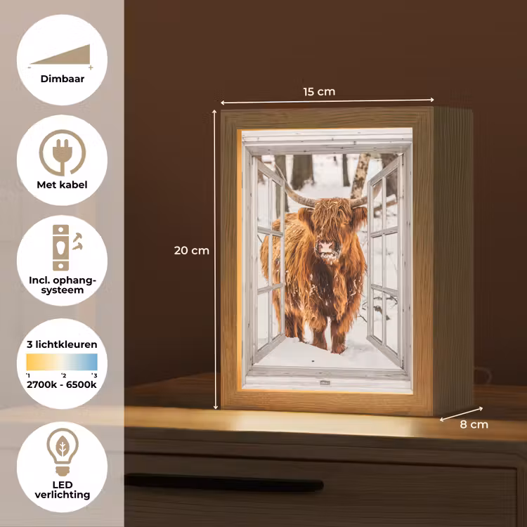 Schotse Hooglander - Sneeuw - Winter - Natuur - Dier - Doorkijk - Landelijk Light Box met kabel (Tafellamp) klein -USP_NL