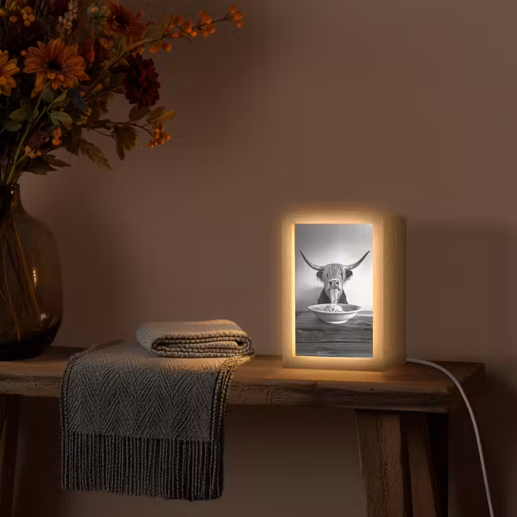Schotse Hooglander - Spaghetti - Dieren - Zwart wit Light Box met kabel (Tafellamp) klein -sfeer4