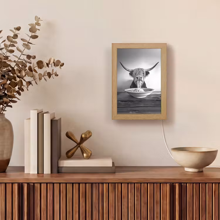 Schotse Hooglander - Spaghetti - Dieren - Zwart wit Light Box met kabel (Tafellamp) klein -sfeer2
