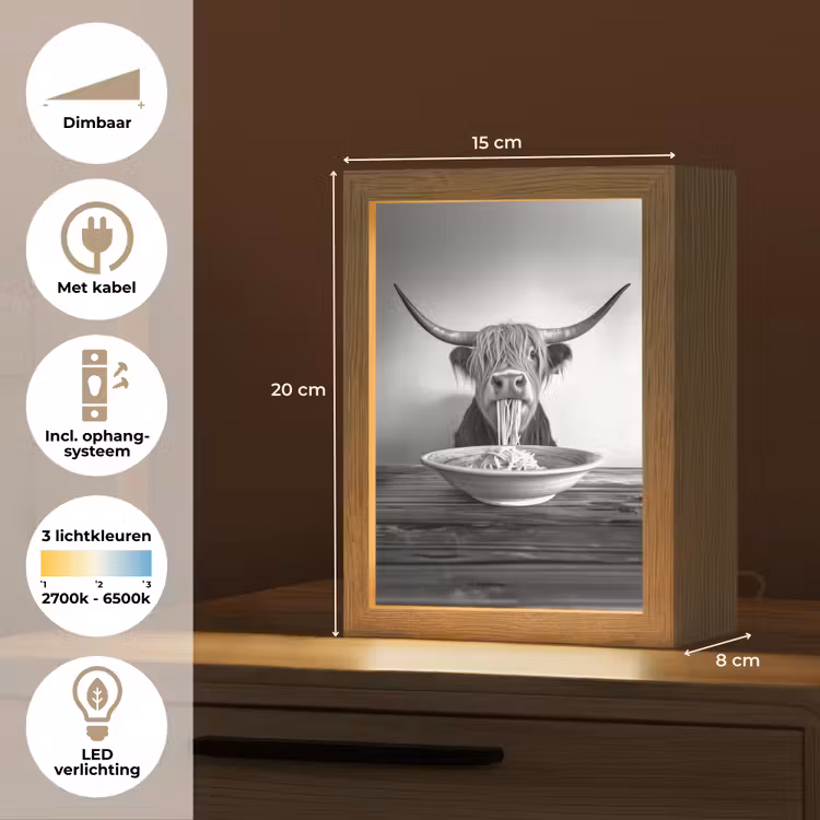 Schotse Hooglander - Spaghetti - Dieren - Zwart wit Light Box met kabel (Tafellamp) klein -USP_NL