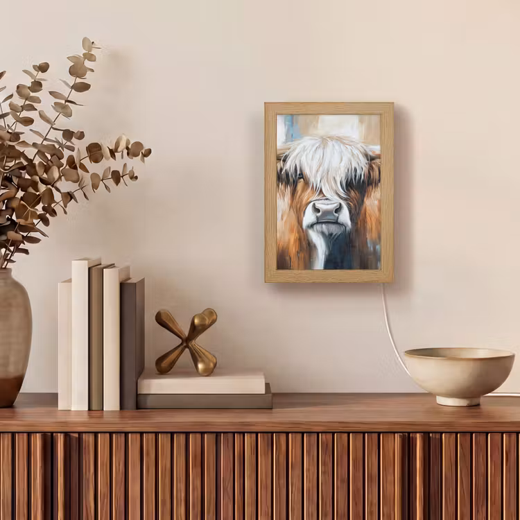 Schotse hooglander - Street art - Vintage - Koe - Dieren Light Box met kabel (Tafellamp) klein -sfeer2