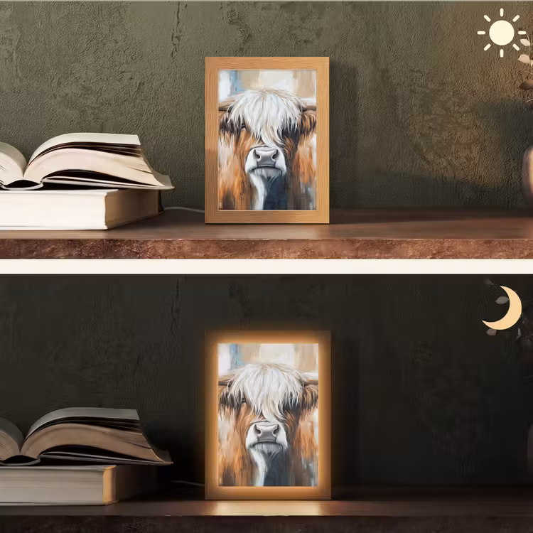 Schotse hooglander - Street art - Vintage - Koe - Dieren Light Box met kabel (Tafellamp) klein -sfeer3