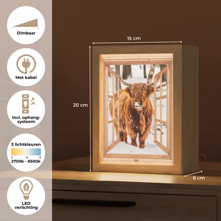 Schotse Hooglander - Winter - Landschap - Natuur - Dieren - Doorkijk Light Box met kabel (Tafellamp) klein -USP_NL