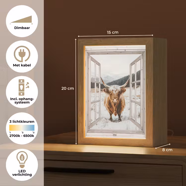 Schotse Hooglander - Winterlandschap - Landelijk - Bergen - Doorkijk Light Box met kabel (Tafellamp) klein -USP_NL