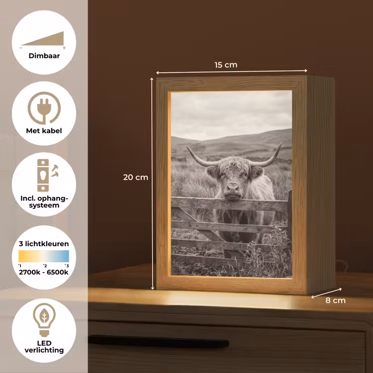 Schotse hooglander - Zwart - Wit - Hout Light Box met kabel (Tafellamp) klein -USP_NL