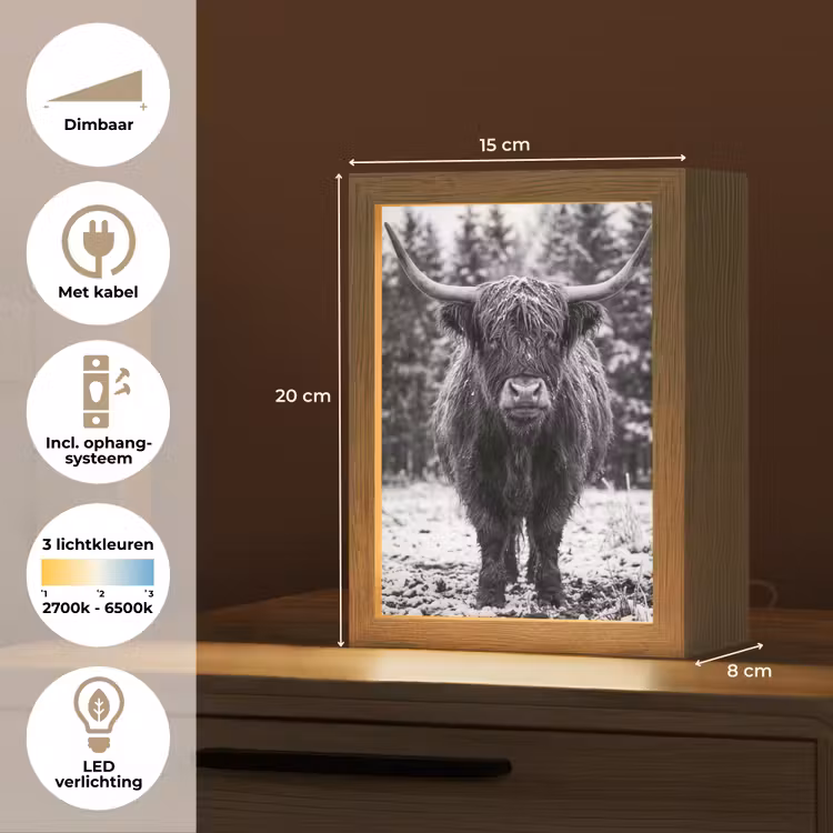 Schotse hooglander - Zwart - Wit - Sneeuwvlokken Light Box met kabel (Tafellamp) klein -USP_NL