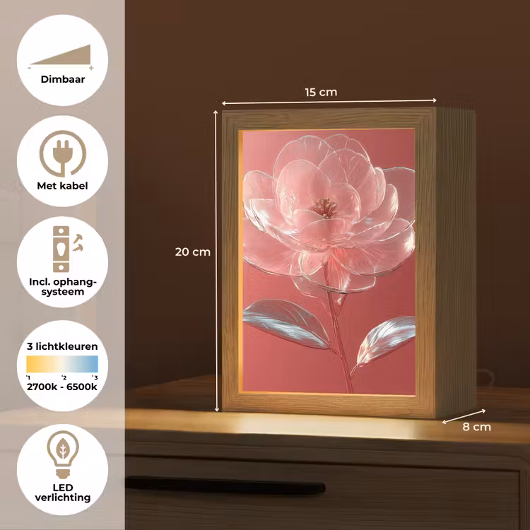 Sierlijk - Bloem - Roze - Glazen Light Box met kabel (Tafellamp) klein -USP_NL