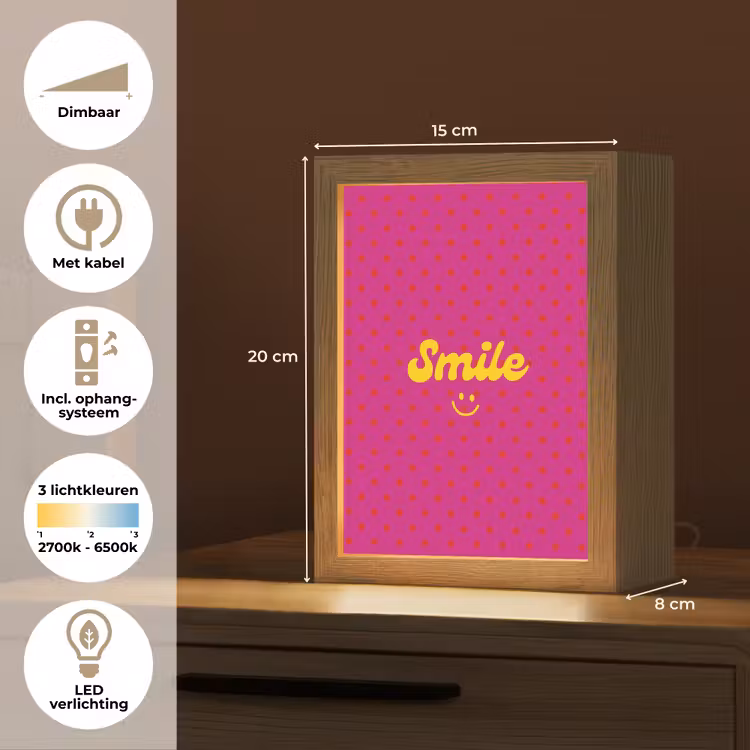 Smile - Stippen - Geel - Smiley - Roze Light Box met kabel (Tafellamp) klein -USP_NL