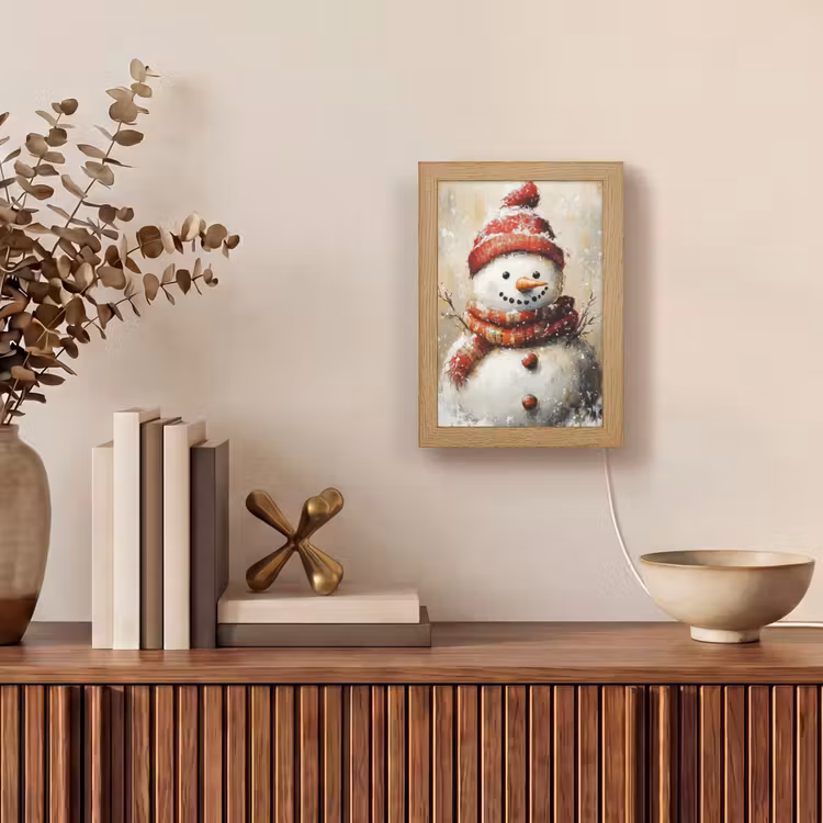 Sneeuwpop - Winter - Sneeuw - Beige Light Box met kabel (Tafellamp) klein -sfeer2