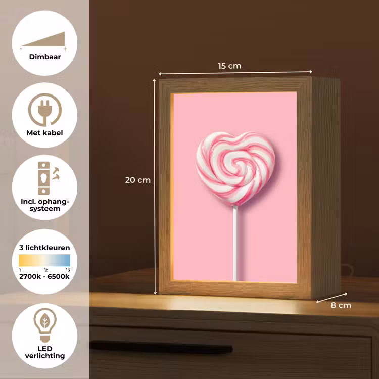 Snoep - Lolly - Hart- Roze Light Box met kabel (Tafellamp) klein -USP_NL