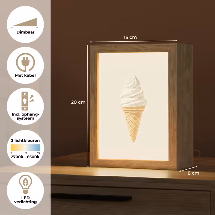 Softijs - Hoorntje - Wit Light Box met kabel (Tafellamp) klein -USP_NL