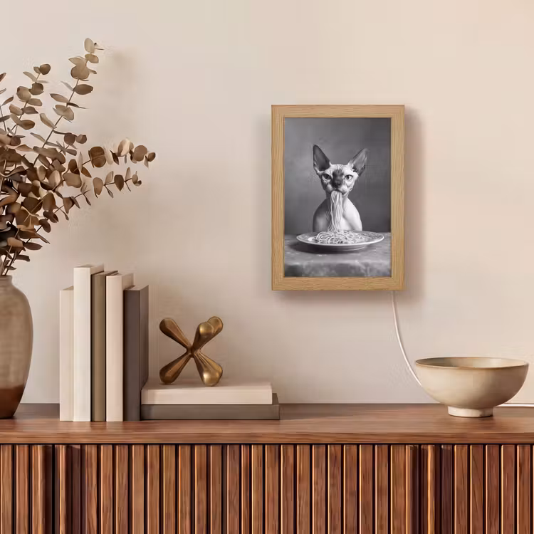 Sphynx - Kat - Dieren - Humor - Spaghetti - Zwart Wit Light Box met kabel (Tafellamp) klein -sfeer2