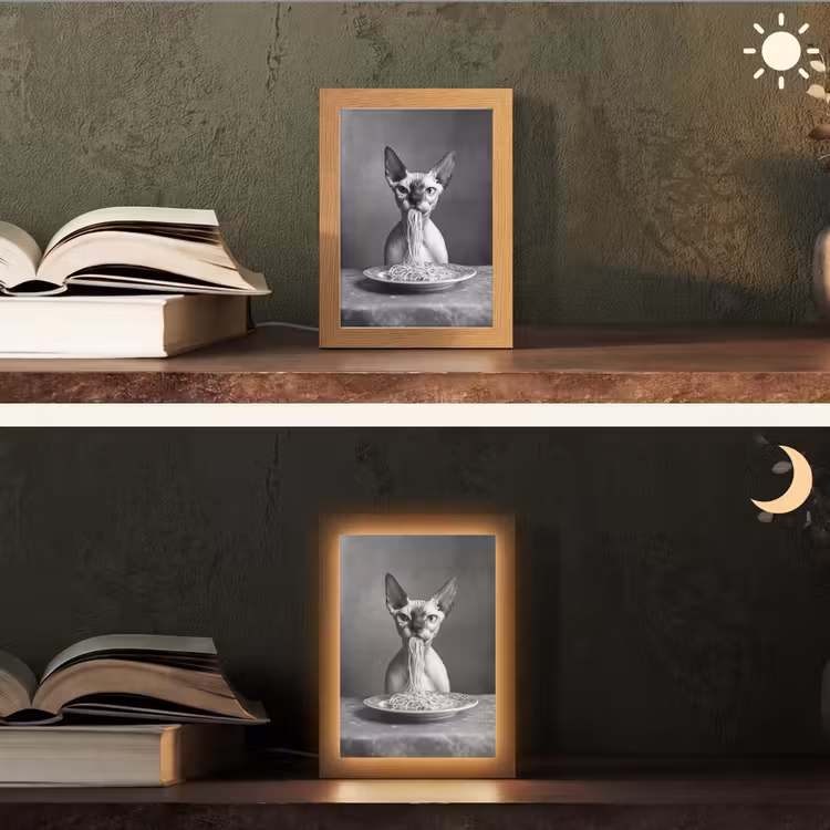 Sphynx - Kat - Dieren - Humor - Spaghetti - Zwart Wit Light Box met kabel (Tafellamp) klein -sfeer3
