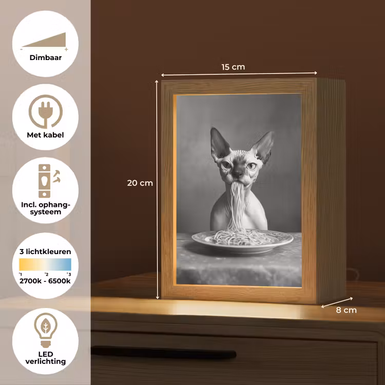 Sphynx - Kat - Dieren - Humor - Spaghetti - Zwart Wit Light Box met kabel (Tafellamp) klein -USP_NL